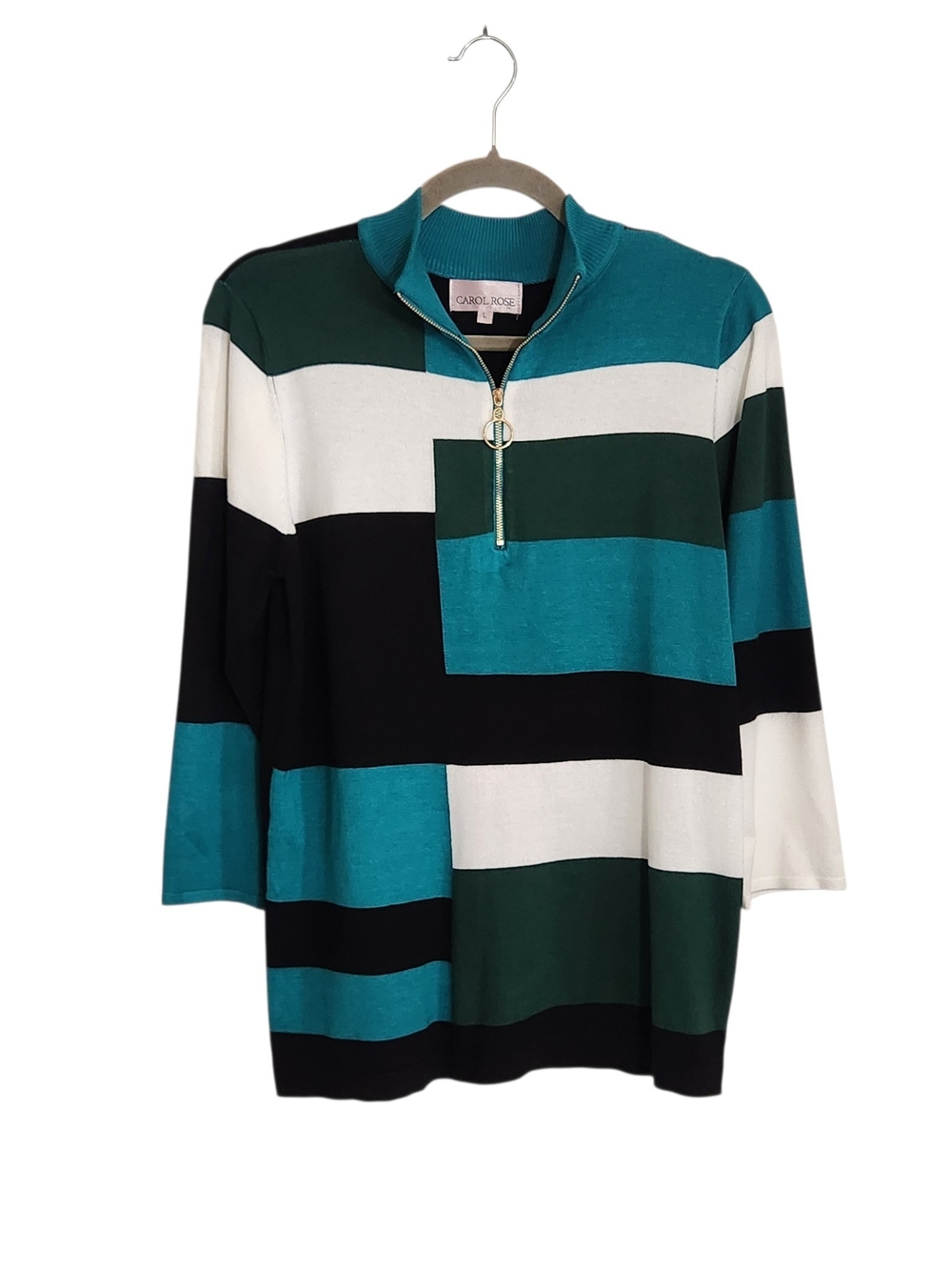 Carol Rose Green and Teal Quarter Zip Colorblock Sweater Size Large Flaw
